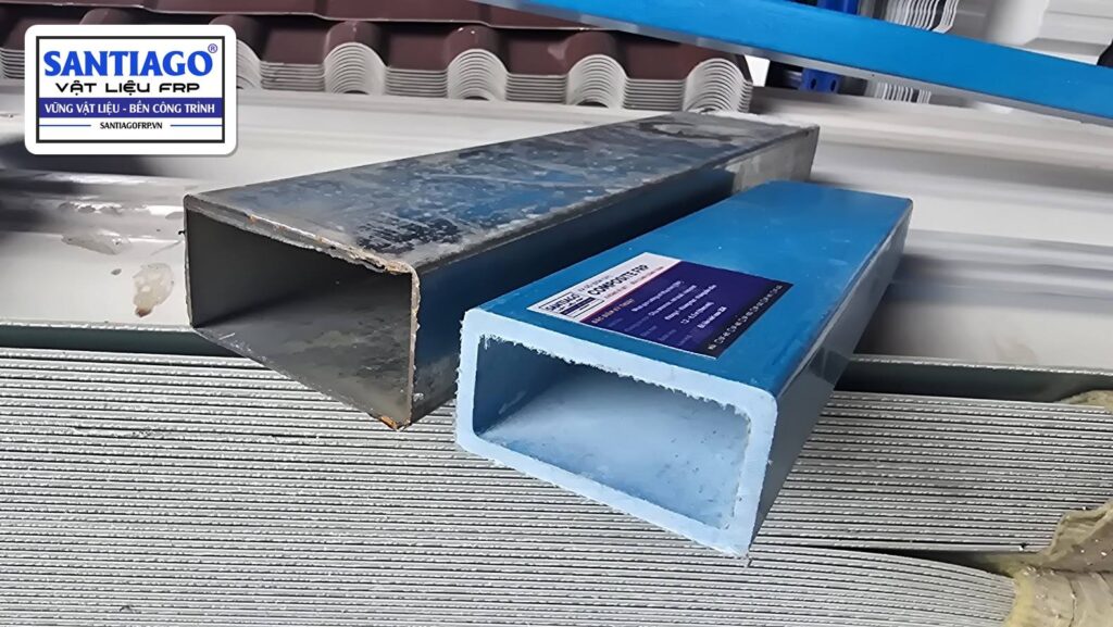 Hộp thép rỉ ở mép đặt cạnh xà gồ composite màu xanh
