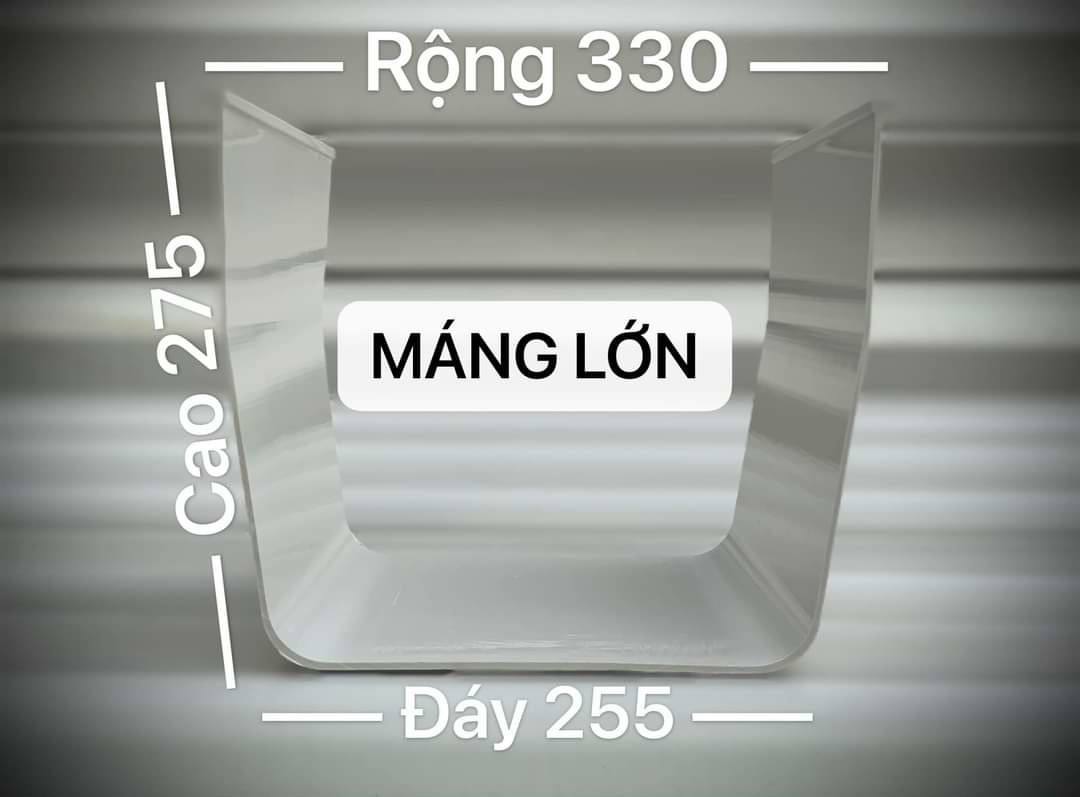 Mặt cắt máng xối nhựa Santiago cỡ lớn: miệng rộng 330 mm, đáy 255 mm, cao 275 mm