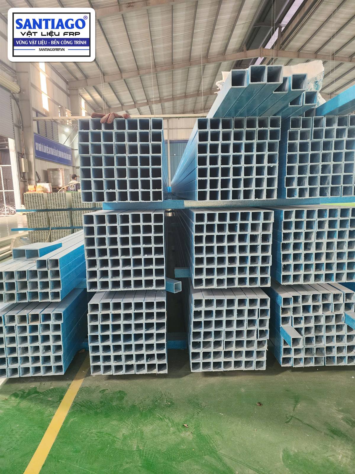 Ends of FRP box profiles stacked, showing the hollow section