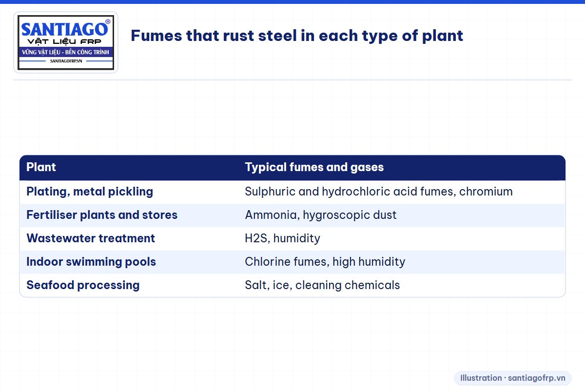 Table of plant types and the corrosive fumes found in each