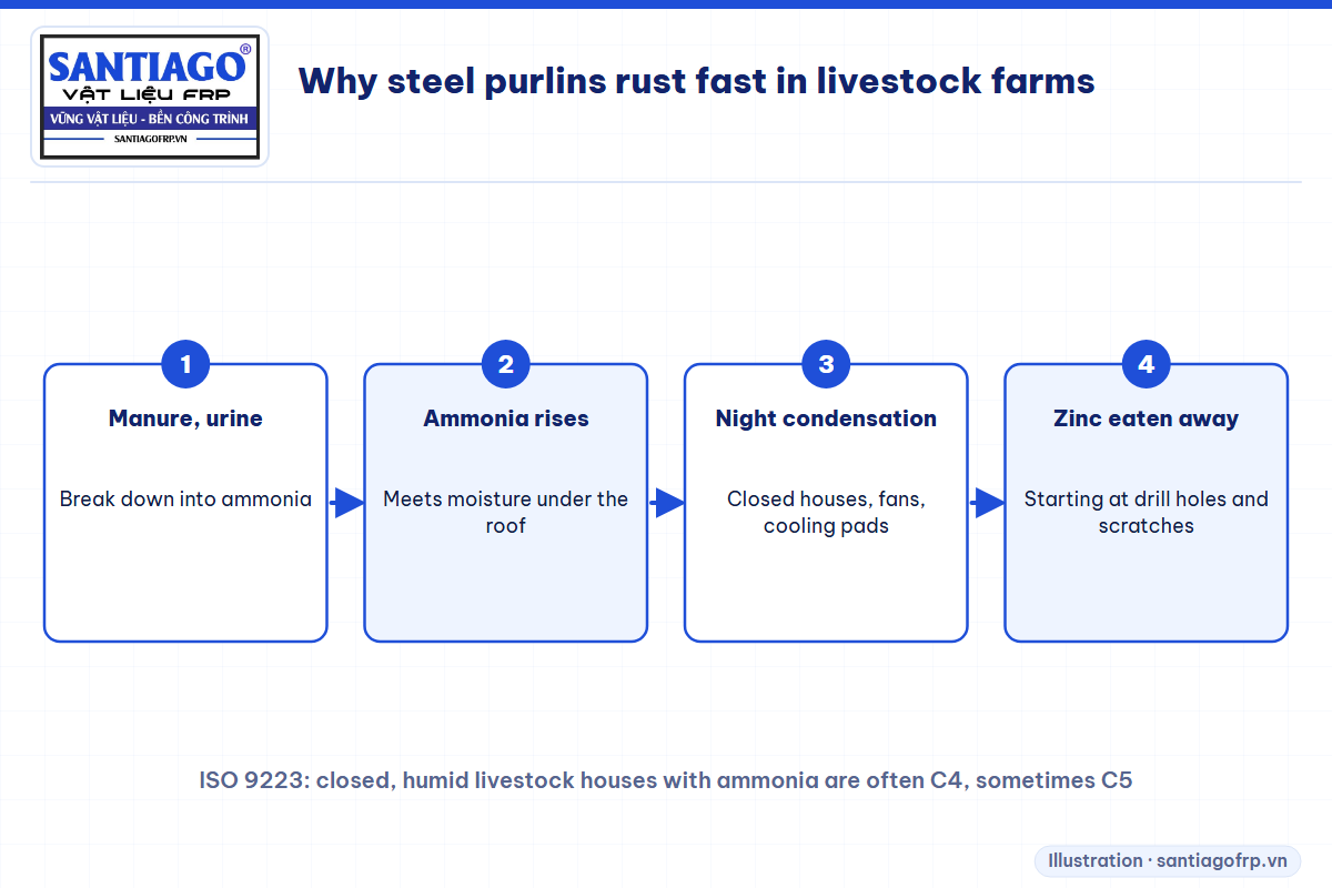 How ammonia and humidity rust steel purlins in livestock buildings