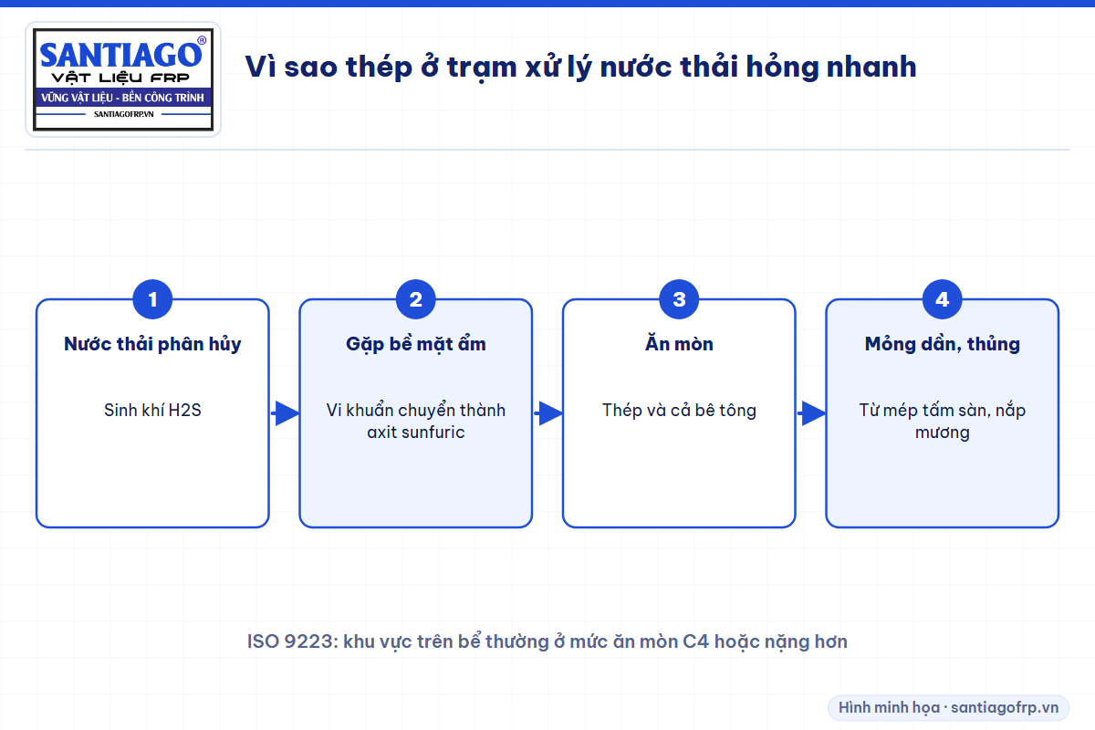 Quá trình khí H2S thành axit sunfuric ăn mòn thép ở trạm xử lý nước thải