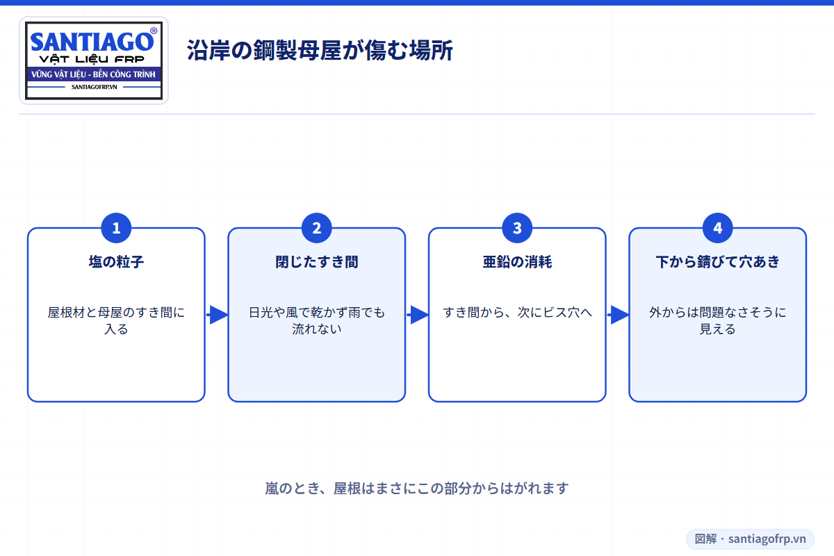 塩分が屋根材と母屋のすき間から沿岸の鋼製母屋を錆びさせる過程