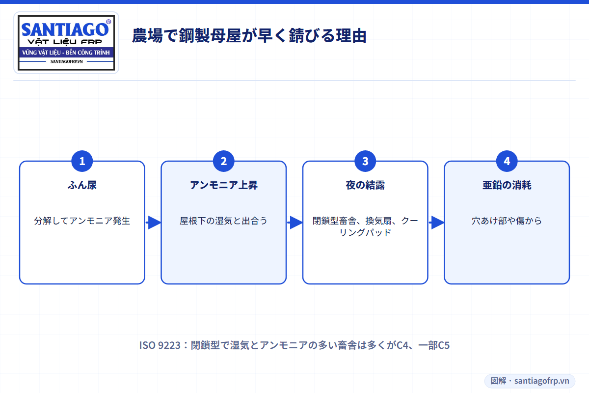 アンモニアと湿気が畜舎の鋼製母屋を錆びさせる過程