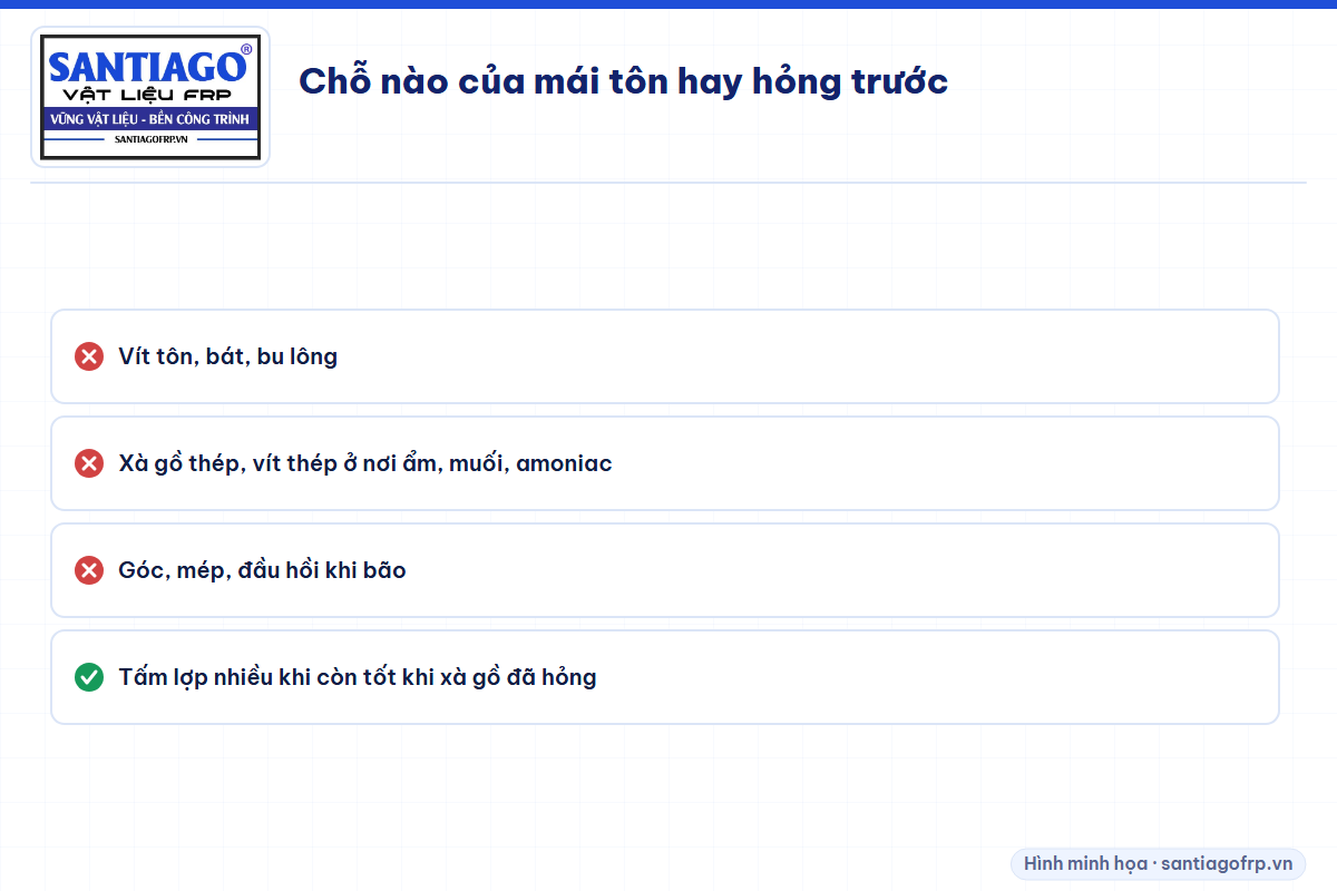 Các chỗ hay hỏng trước trên mái tôn