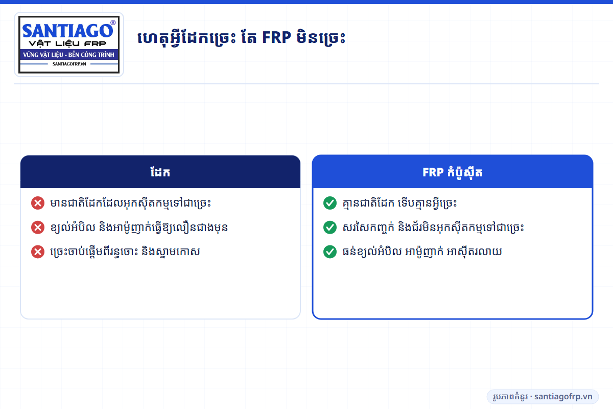 ការប្រៀបធៀបដែក និង FRP កំប៉ូស៊ីតក្នុងខ្យល់ដែលធ្វើឱ្យច្រេះ