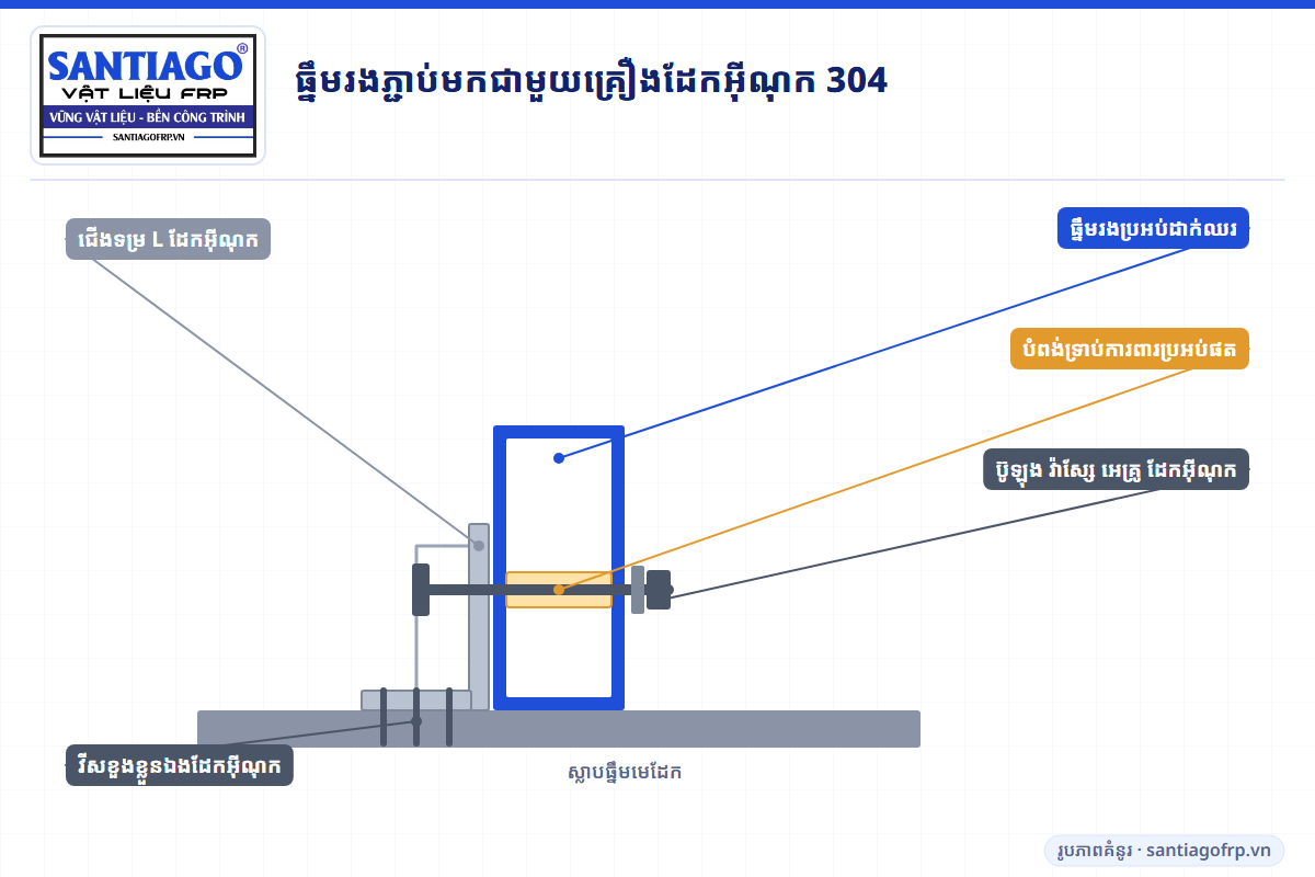 លម្អិតធ្នឹមរង FRP លើធ្នឹមមេ ជាមួយជើងទម្រ L បំពង់ទ្រាប់ ប៊ូឡុង និងវីសដែកអ៊ីណុក
