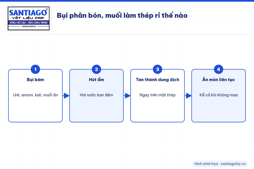 Quá trình bụi phân bón và muối hút ẩm làm xà gồ thép rỉ