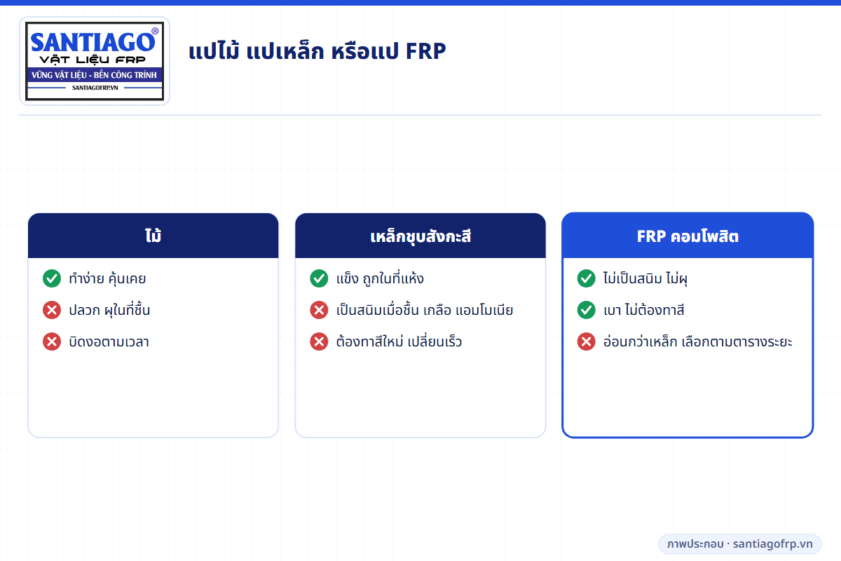 ข้อดีข้อเสียของแปไม้ แปเหล็กชุบสังกะสี และแปคอมโพสิต FRP
