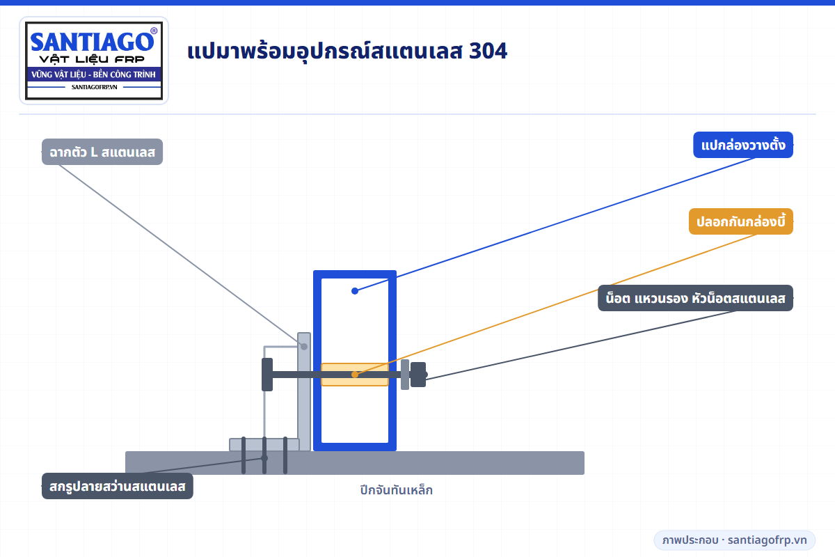 รายละเอียดแป FRP บนจันทันพร้อมฉากตัว L ปลอก น็อต และสกรูสแตนเลส