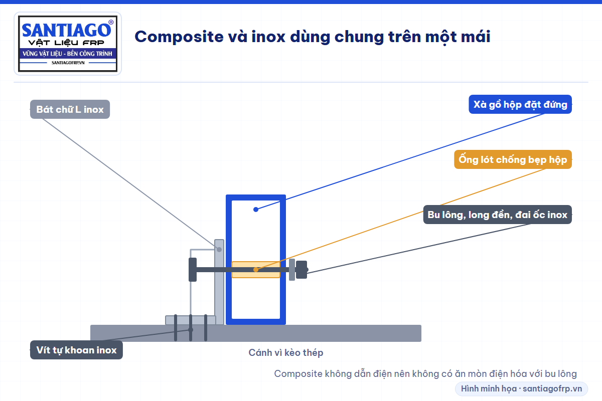 Chi tiết xà gồ composite bắt bằng bát và bu lông inox 304