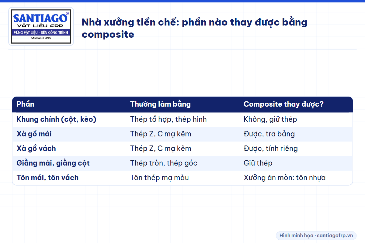 Bảng các phần của nhà xưởng tiền chế và phần nào thay được bằng xà gồ composite