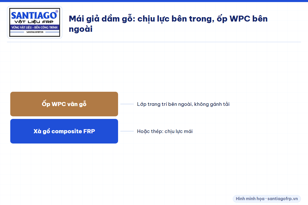 Cấu tạo dầm giả gỗ: xà gồ composite chịu lực bên trong, ốp WPC vân gỗ bên ngoài