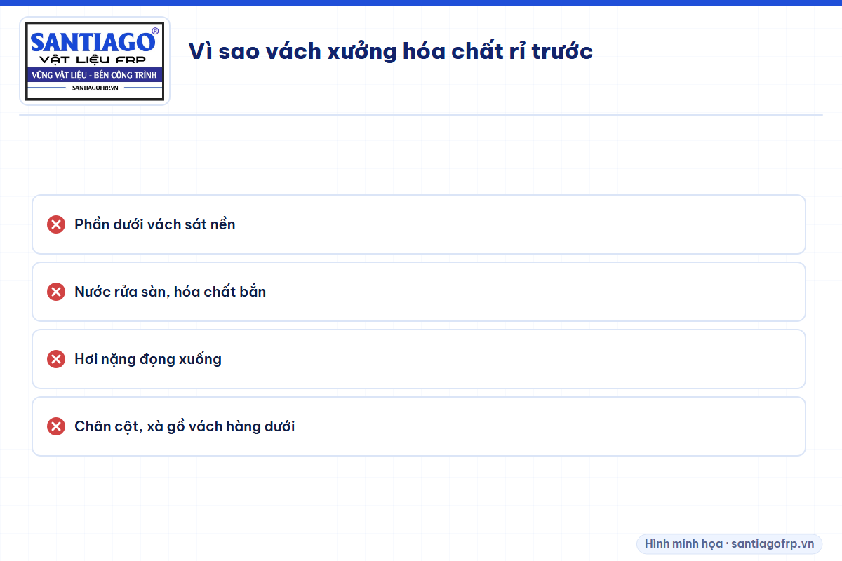 Các chỗ trên vách xưởng hóa chất hỏng sớm