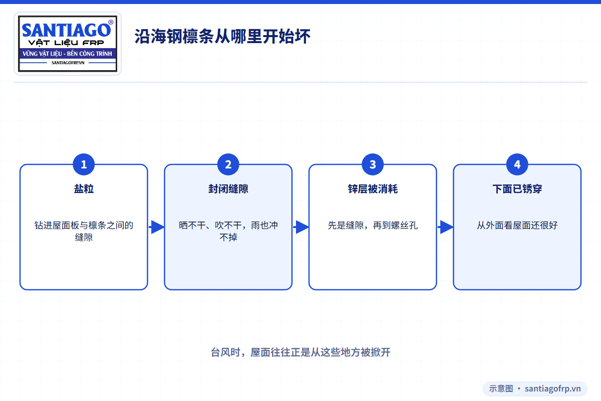 盐分从屋面板与檩条缝隙使沿海钢檩条生锈的过程