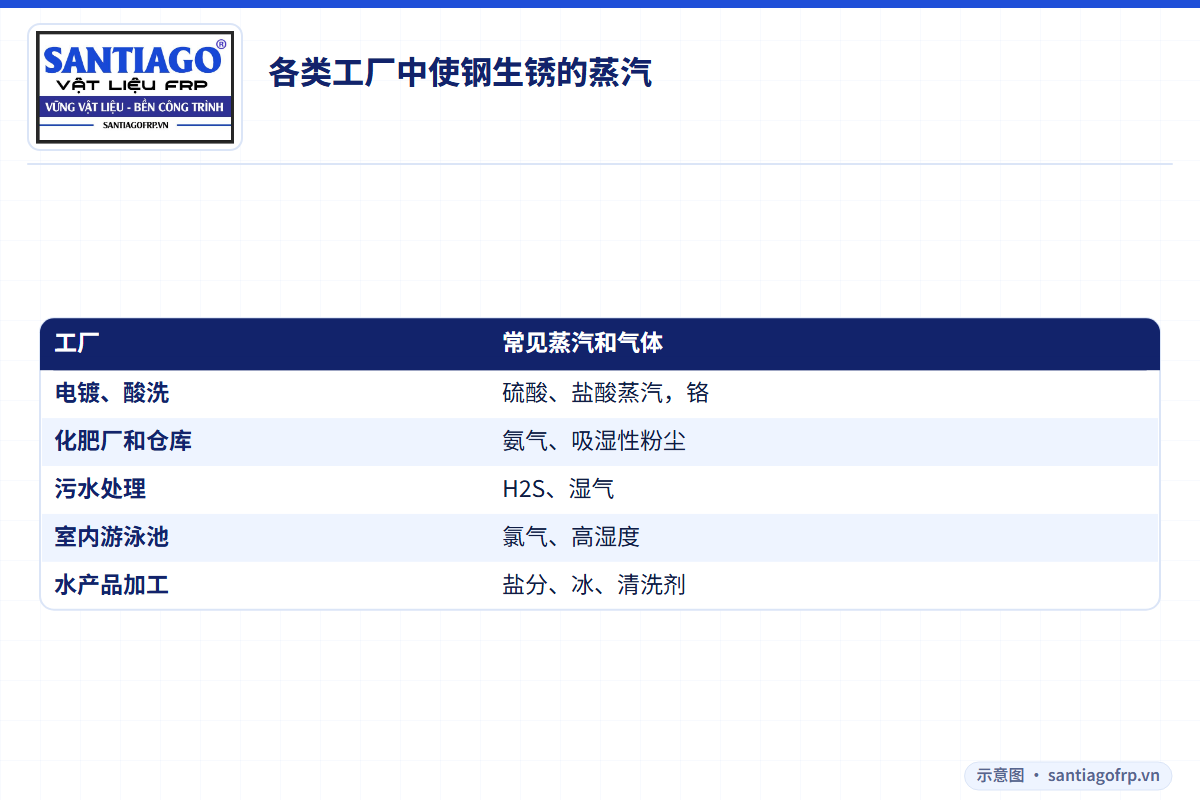 各类工厂及其常见腐蚀性蒸汽表