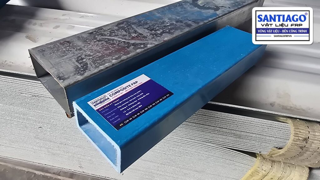 Hộp thép rỉ ở mép và xà gồ composite có nhãn Santiago FRP
