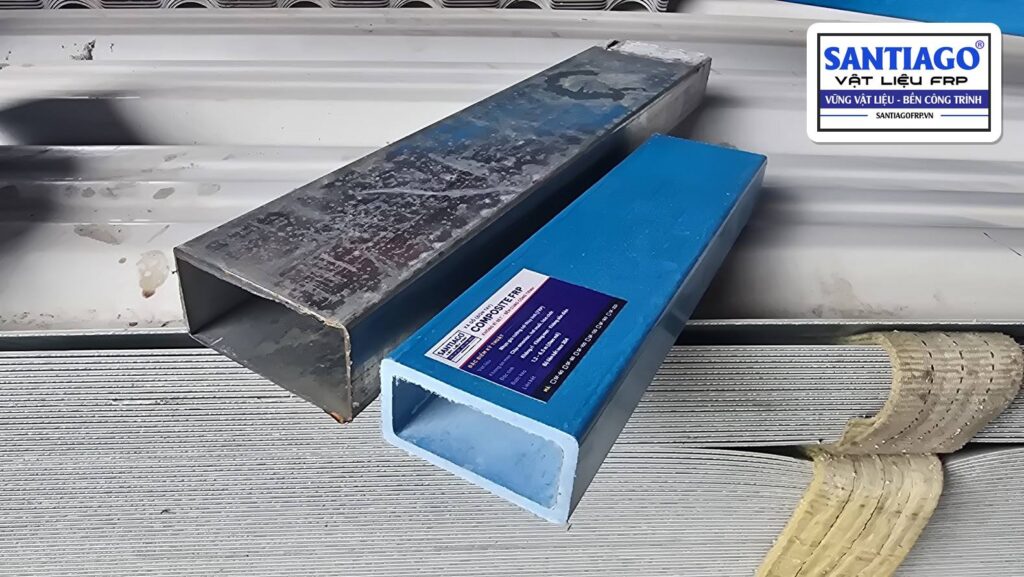 Hộp thép đã rỉ ở mép cắt đặt cạnh xà gồ composite màu xanh