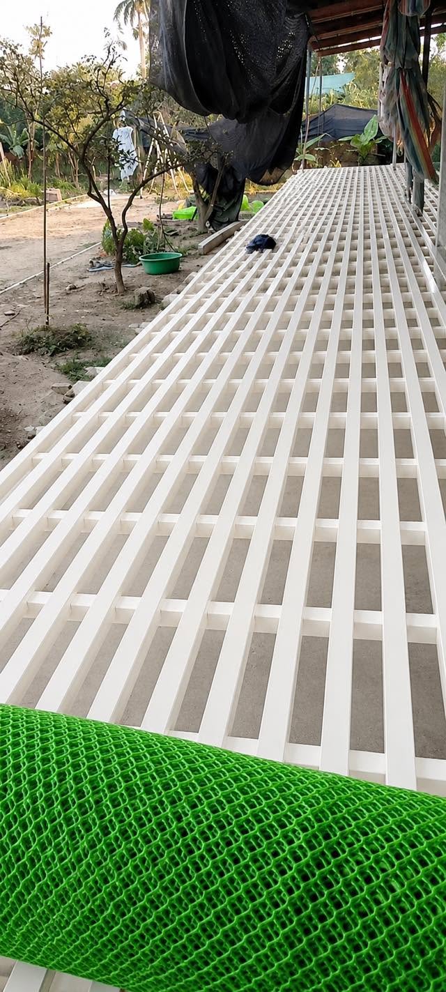 Sàn nuôi vịt nan composite và cuộn lưới nhựa xanh